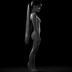 A young woman facing the camera, dressed in a form-fitting mini...