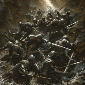 Ten armored knights are helplessly flattened beneath the weight...