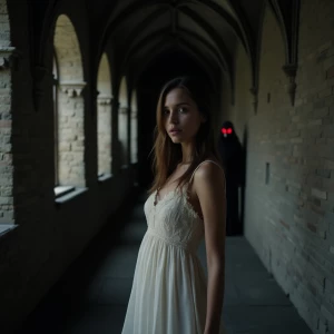 A dimly lit gothic cathedral hallway with intricate stone and we...