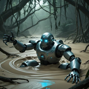 Create an image of a futuristic robot trapped in quicksand, stru...
