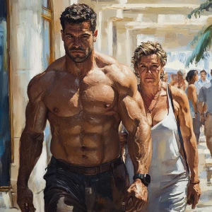 sharp Art ,realism.A man  muscular beefy sweat walking with his...