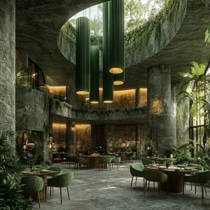 Tropical forest and  stone indoor outdoor restaurant with huge c...