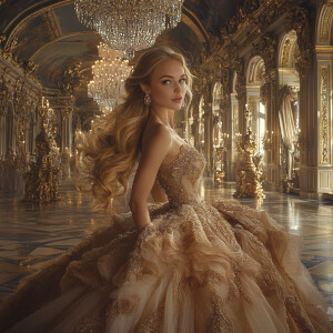 A graceful woman with long blonde hair, adorned in an elegant ba...