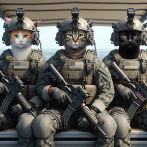 Create a realistic image of 3 cats as 3 human US Navy soldier, w...