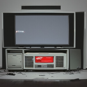 Eerie scene of a tube tv with the word “GAG” on the screen