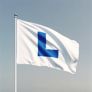Design a white flag featuring a large, bold, blue letter "L" cen...