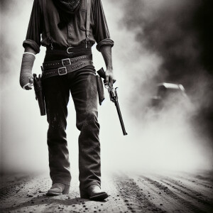 An old west gunslinger standing in a dusty road facing the camer...