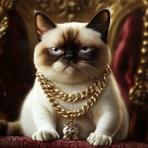 rapper grumpy cat siamese on a throne grumpy face in a chain gol...