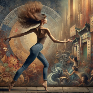 Athletic Thin skinny Attractive, Asian teenage girl, long brown hair and bangs, wearing tight skinny jeans and a halter top paint marks on her clothing, heroic pose Asian graffiti background, backside view