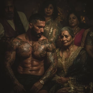 Hyperrealism .a muscular beefy sweaty tattoed indian man enjoyin...