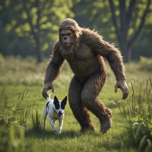 A humanoid looking sasquatch stragley haired chasing a dog in Ohio field