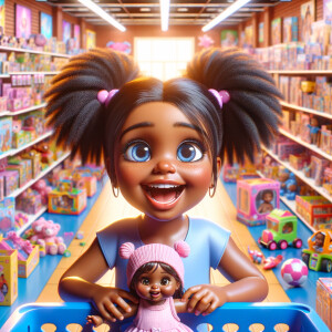 Create a 3-D image of an african-American, little girl inside of a very large toy store. The little girl has thick, ponytails and huge blue eyes. She is playing with her favorite doll, the doll is