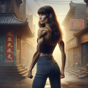 Athletic Thin skinny Attractive, Asian teenage girl, long brown hair and bangs, wearing tight skinny jeans and a halter top paint marks on her clothing, heroic pose Asian graffiti background, backside view