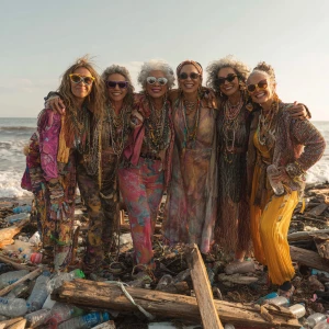 A group of stylish, middle-aged aunties, with radiant, sun-kisse...