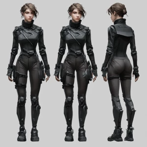 A digital art character design sheet showcasing a futuristic fem...