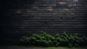 A DARK GRAY BRICK WALL THAT HAS BEEN WEATHERED DOWN OVER TIME WI...