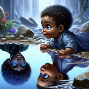 A curious cute african-American, baby with huge blue eyes and cu...