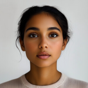 A 21-year-old woman with a clear, modest expression, brown skin...