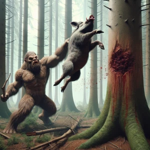 A humanoid Sasquatch hurls a wild boar towards a tree in a dense...