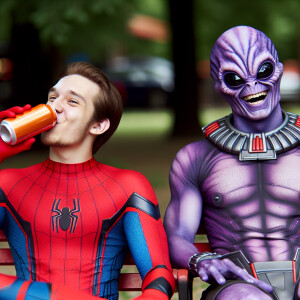 Spider man drinking Fanta with Thanos