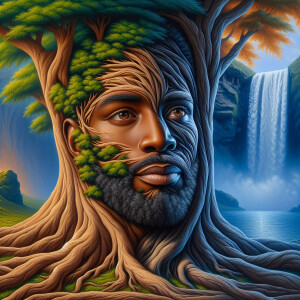 A hyper-realistic 3-D oil painting depicting a tree integrated w...