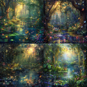 mystical babbling bayou in colorful cheerful forest, sun shining...