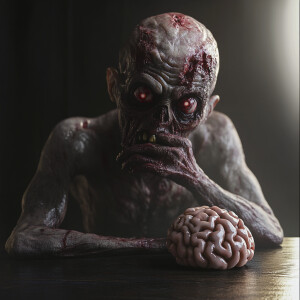 A zombie looking for his brain,  egxrated confused look on zombi...