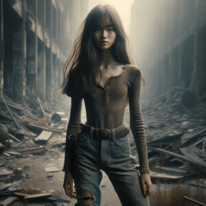 Skinny and thin Asian teen girl wearing skin tight jeans that are worn and frayed, long hair and bangs heroic ready to fight stance