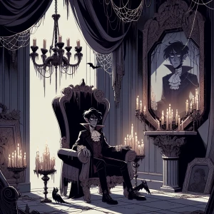 A melancholic vampire sitting in a high-backed chair, surrounded by cobweb-covered candelabras. The room is filled with heavy drapes, ancient paintings, and a cracked mirror that reflects only the empty chair