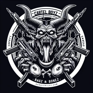 Create a bold logo featuring a menacing creature with sharp feat...