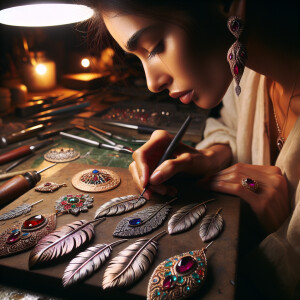 Jennifer meticulously inscribed feather pendants embellished wit...