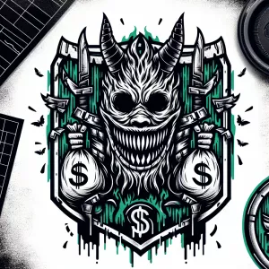 Create a bold horror themed smiley face mascot logo featuring a...