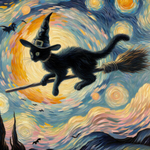 Halloween black cat with witch hat flying on a broom in the sky...