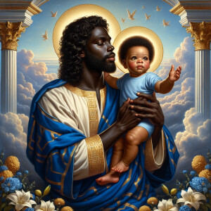 Classical oil painting style depicting an African-American Jesus...