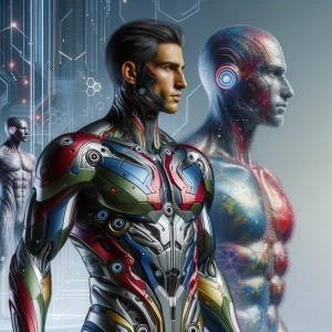 Generate an image of Iron Man clad in armor with a multicolored,...