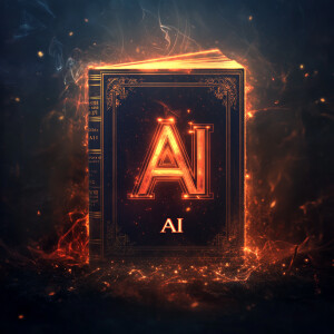 Create an "AI" logo with a religious book background