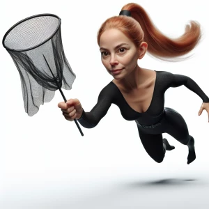 Ginger haired ponytail petite  woman in black facing camera  fly...