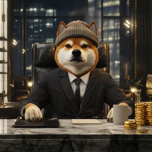 Dogwifhat meme Shiba Inu wearing a sleek pinstripe banker suit a...