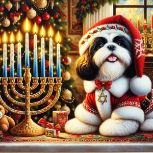 An Shih Tzu with a Santa hat sitting at a table beside a lit Han...