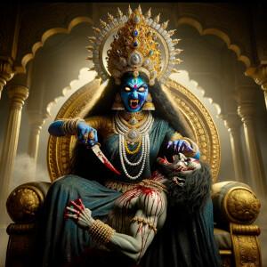 portrait of angry looking goddess kaali, blue skinned sitting on...
