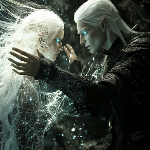 An ethereal albino elf with crystal aqua silver eyes bravely app...