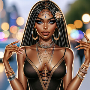 Street art style of a beautiful African American slim thick tan Indian woman dressed in black and gold dress, long black silky dreadlocks with a flower in her hair, sandals, Indian jewelry, full lips, long lashes, beautiful nails, pretty smile,hoop earrings multiple necklaces, blue siren eyes, nude lipstick, electrostatic art, color contrast high definition bokeh background