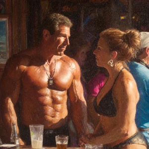 Photo Hyperrealism, painting,a muscular sweaty beefy criminal so...