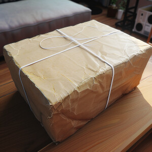 Photorealistic image. Package from Temu finally arrives from Chi...