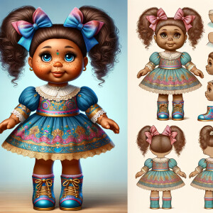 Design a 3-D realistic original African-American Cabbage Patch doll. She has on a blue pink and gold dress with matching booties. She has pink and blue bows in her hair. she lives inside of a colorful dollhouse. She has freckles and big dimples.