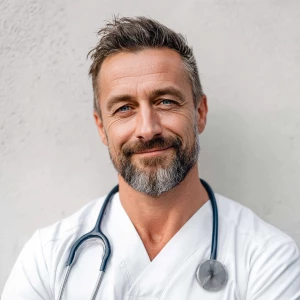 Create an image of a middle-aged man with a neatly trimmed beard...