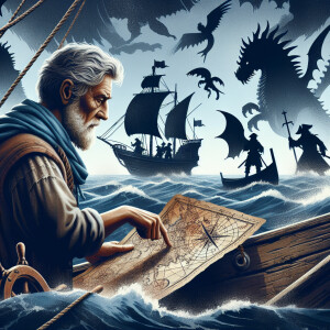 A gray-haired fisherman holds an old map in his hands and sails...