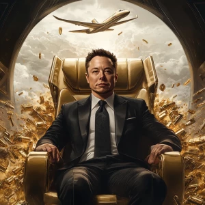 Elon Musk,Make him sit in a private jet with lots of gold surrou...