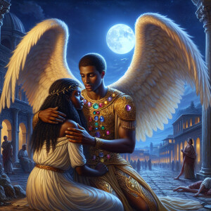 Create an oil painting image featuring a male angel and a grievi...