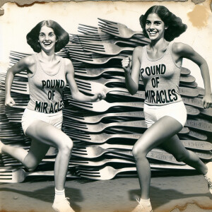 Faded photograph of two beautiful 25-year-old women running past...